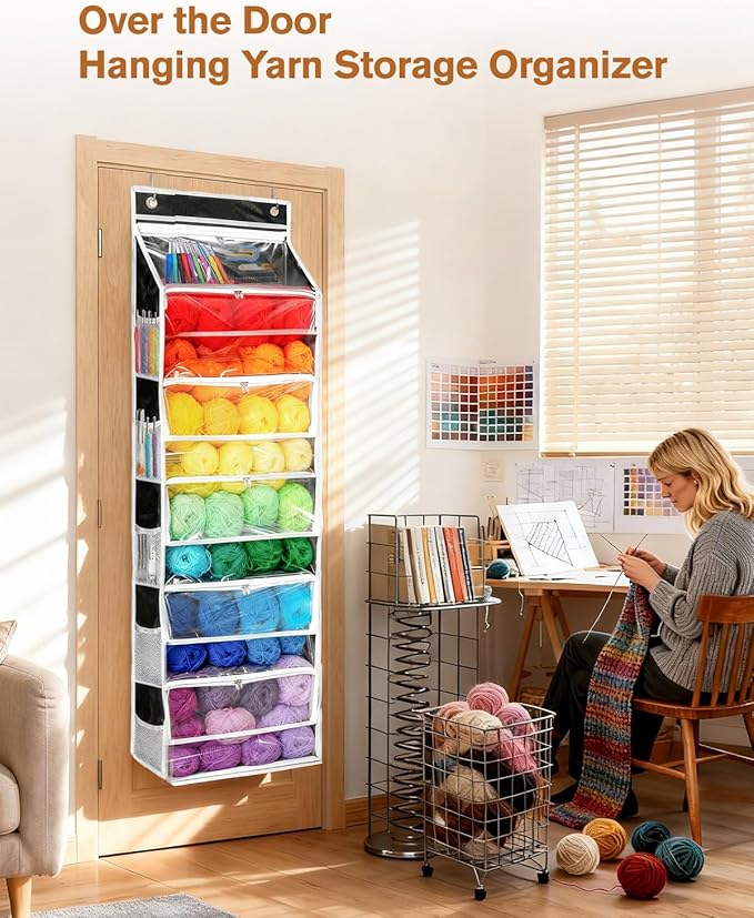 Hanging Yarn Storage Organizer, Large Capacity Over the Door Yarn Organizer with 6 Clear Zipper Pockets 10 Mesh Side Bags, Hanging Yarn Holder Knitting Storage Bag for Crochet Hooks, Black