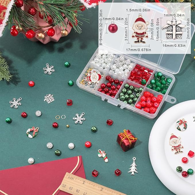 SUNNYCLUE 1 Box 218Pcs 6Sets Christmas Bracelet Making Kit Red Green Glass Beads Christmas Tree Enamel Charm Jingle Bell Snowflake Charms Rhinestone Bead for Jewelry Making Kits Beading Supplies
