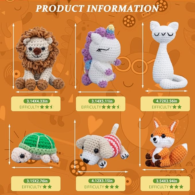 Crochet Kit for Beginners – 6 PCS Crochet Animal Kit, Knitting Beginners Kit with Step by Step Videos, Yarn, Crochet Hook, Great Birthday Holiday Gift (Knitting Kit 1)
