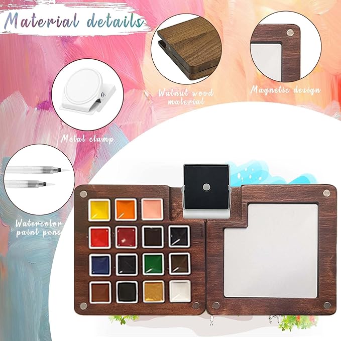 Mini Paint Palette Travel Kit - Mini Travel Watercolor Palette Set, Pocket Artist Water Color Travel Set with Colours, Binder Clips, Watercolor Pens, Wooden Paint Box for Painters Artists Students