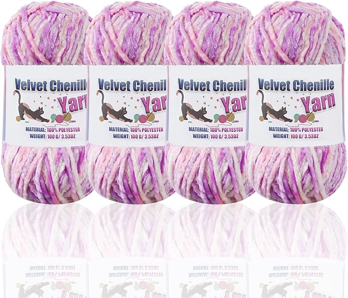 4 * 100g Fluffy Velvet Chenille Yarn for Crocheting and Knitting, Handcrafts Weaving Soft Chenille Yarn for Crocheting Clearance, Used for Making Baby Yarn Blanket, Clothes, DIY Craft (Pastel Purple)