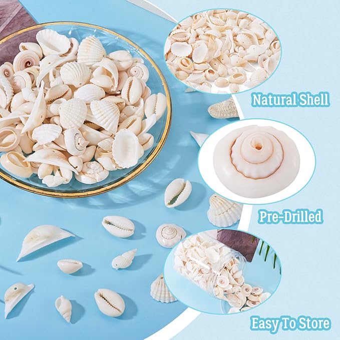 Cheriswelry 210pcs/box 21.5-24.5mm Natural Shell Making Finding Kit Ocean Beach Style Seashell Beads Pendants for DIY Necklace Bracelet Jewelry Making Hole:1.5-1.6mm