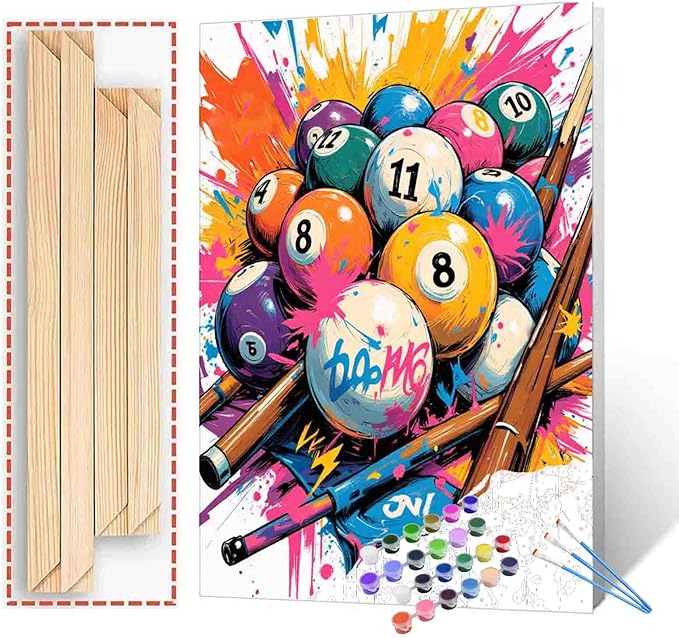 Aihonmin Pool Ball Sports Paint by Numbers Kit for Adults Beginners Colorful Graffiti DIY Digital Oil Painting Kits Acrylic Easy Paint Wall Hanging Game Room Decor Gifts 16x20 Inch (DIY Frame)