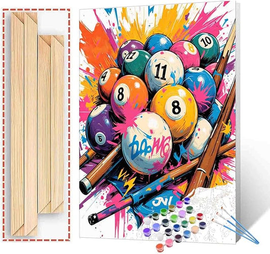 Aihonmin Pool Ball Sports Paint by Numbers Kit for Adults Beginners Colorful Graffiti DIY Digital Oil Painting Kits Acrylic Easy Paint Wall Hanging Game Room Decor Gifts 16x20 Inch (DIY Frame)