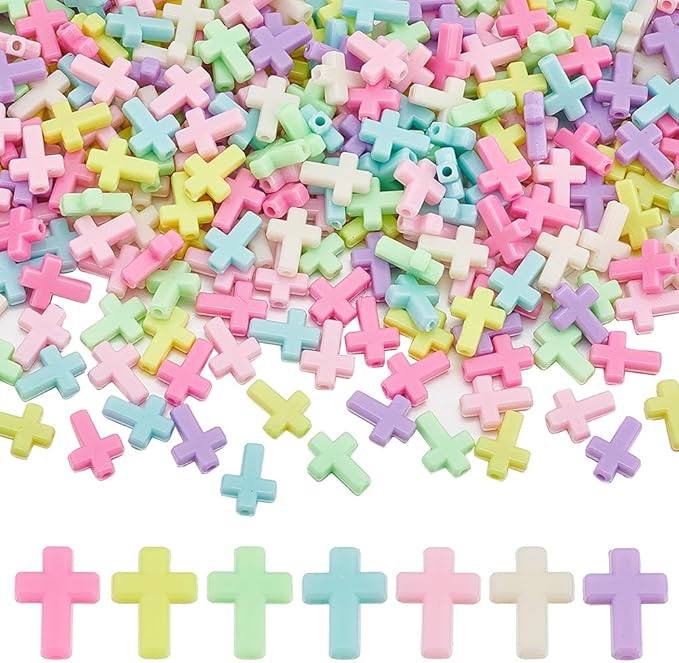 SUNNYCLUE 300Pcs Cross Beads Bulk Colorful Acrylic Mini Small Macaron Color Pocket Quilt Crosses Tiny Plastic Easter Crucifix Loose Spacer for Jewelry Making DIY Beading Supplies