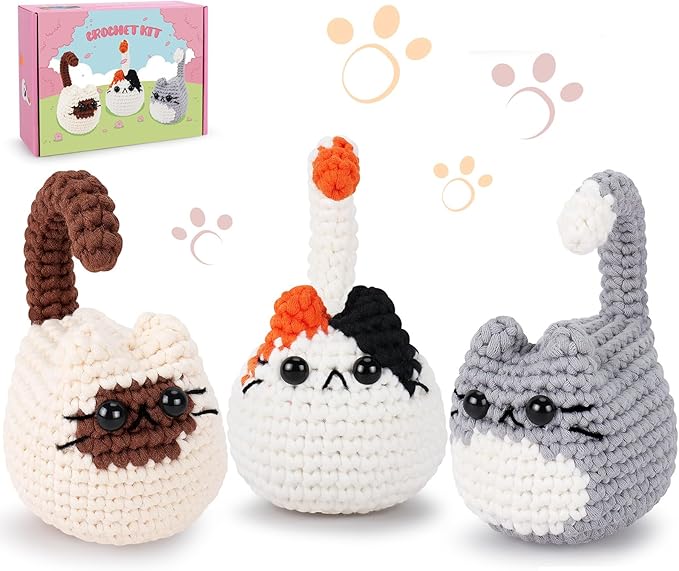 Cat Crochet Kit for Beginners-3PCS Cats Crochet Kits,Teacher Appreciation Gifts for Women, Crochet Starter Kit with Step-by-Step Video Tutorials,Crochet Animal Kits DIY Craft Learn to Crochet Kits