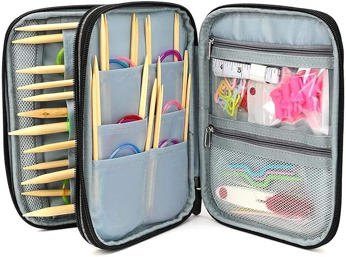 Knitting Needles Case Crochet Hooks Organizer Zipper Bag,Portable Travel Storage Pouch Bag for Carrying Circular Knitting Needles,Crochet Hooks,Knitting Accessories,Sewing Tools(Grey)