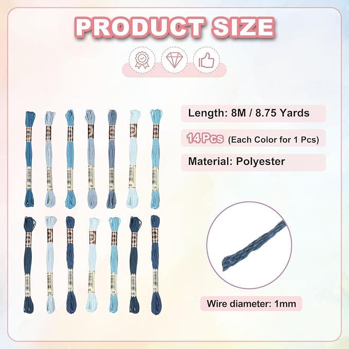 PATIKIL 14 Skeins Embroidery Floss, Polyester Embroidery Threads Bracelets String for Cross-Stitch Hand Embroidery, Multicolored Dark Blue
