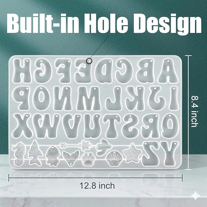 Cute Alphabet Resin Molds with 40 Keychains (20 Gold & 20 Silver) - Reversed Letter Silicone Mold with Holes, Bubbly Initial Mold & Ornaments, DIY Epoxy Casting Kit for Name Tags & Personalized Gifts