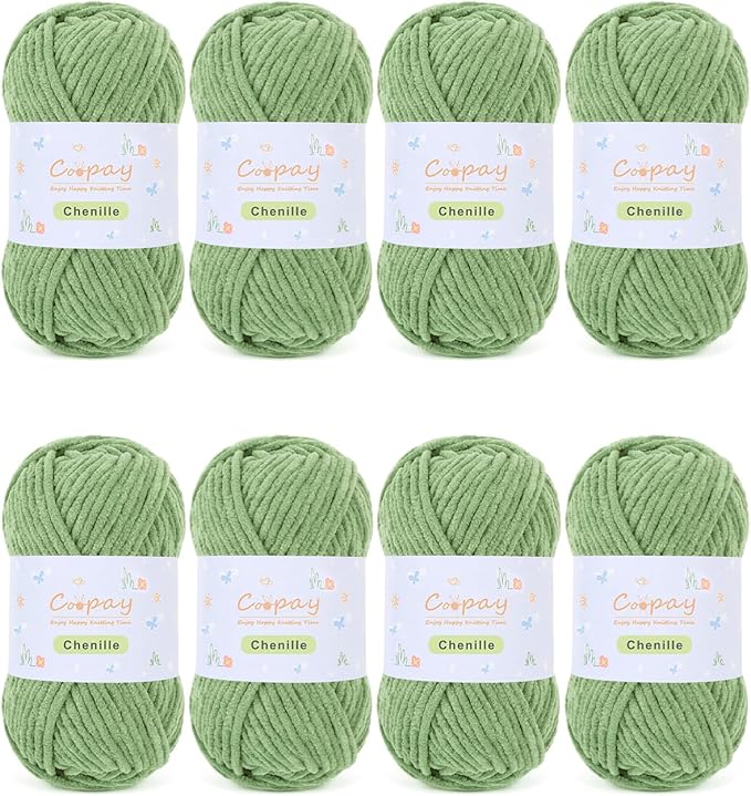Coopay Chenille Yarn for Crocheting, 8 Pack Medium Weight Yarn - CYC #4 - Total 520yd, Soft Crochet Yarns for Plush Toys, Blankets, Scarves (Green)