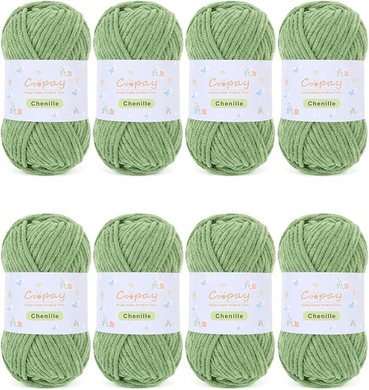 Coopay Chenille Yarn for Crocheting, 8 Pack Medium Weight Yarn - CYC #4 - Total 520yd, Soft Crochet Yarns for Plush Toys, Blankets, Scarves (Green)