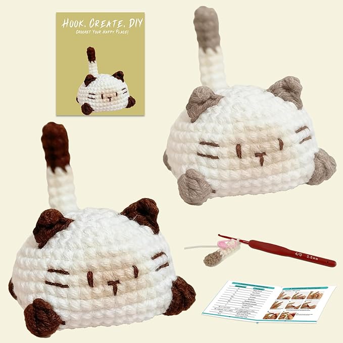 JueRum Cat Crochet Kit for Beginners,Learn to Crochet Beginner Crochet Kit for Adults, Amigurumi Crochet Animals Cat Crafts Knitting Kit with Step-by-Step Video Tutorials