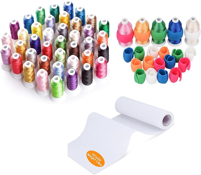 Simthread 40 Colors Polyester Embroidery Thread 500M Upgrade Kit|with 20PCS Thread Holder&10" x10Y Tear Away Embroidery Stabilizer|for Brother Janome Singer Pfaff Bernina Sewing Machines