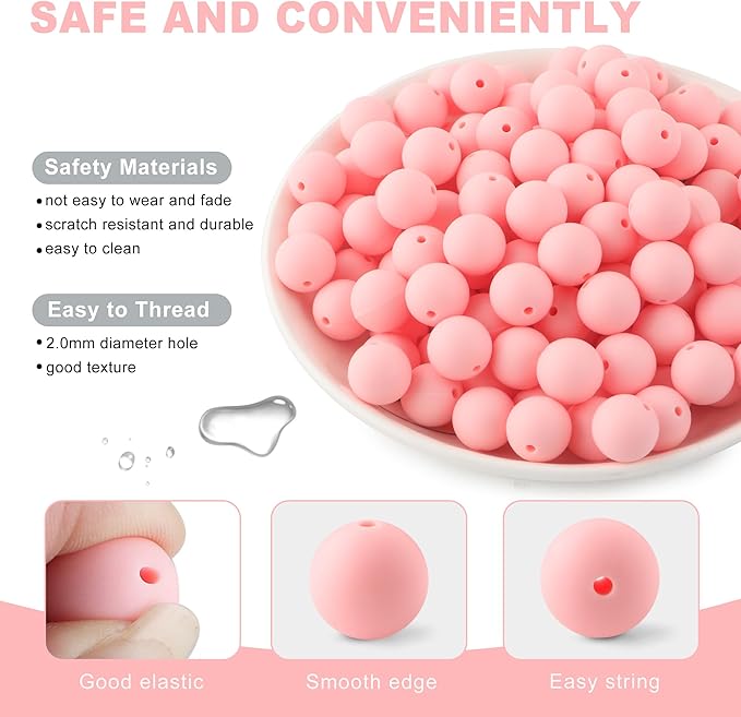 150Pcs 15mm Silicone Beads for Keychain Making Bracelet Necklace, Bulk Round Silicone Beads for Pens(Candy Pink)