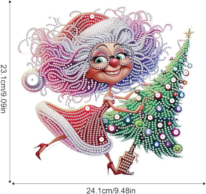 Christmas Diamond Art Pendant Kit, 5D DIY Hanging Diamond Painting for Adults, Santa Claus and Grandma with Christmas Tree, Crystal Ornament for Wall, Window, Door, Home Decor & Gift, 24.1x23.1 cm