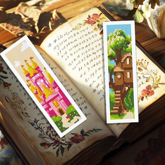 INFUNLY 6 Set Fairytale Elements Cross Stitch Bookmark Kits 8"x2.4" DIY Mermaids Embroidery Bookmark Kits for Beginners with Instruction Cartoon Castle Bookmark Making Kit for Book Lovers Reader Gift