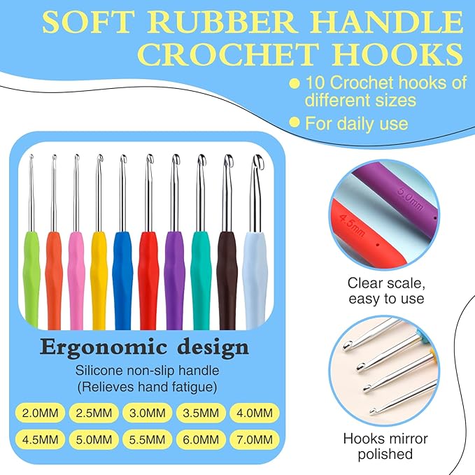 Kogyxe Crochet Hooks Set, 10 Sizes Ergonomic Crochet Hooks with Roll Felt Bag for Beginners, Ergonomic Handles for Arthritic Hands for Crocheting Yarn