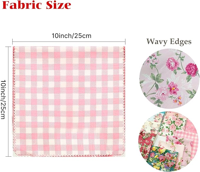 22Pcs 10" Pink Floral Fabric Squares No Repeat Charm Pack, Precut Quilting Cotton with Wavy Edges,10 Inch Squares for Quilting
