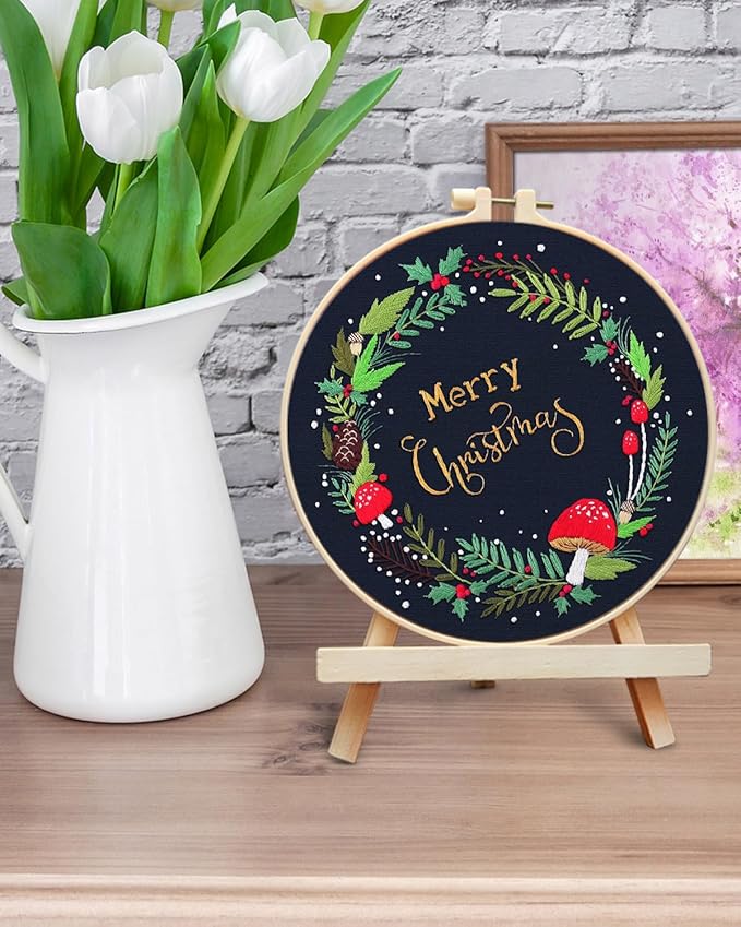 ERKOON Christmas Embroidery Kit for Beginners, Cross Stitch Set for Include Embroidery Cloth Hoops Threads for Craft Lover Hand Stitch with Embroidery Skill Techniques (Christmas Wreaths)