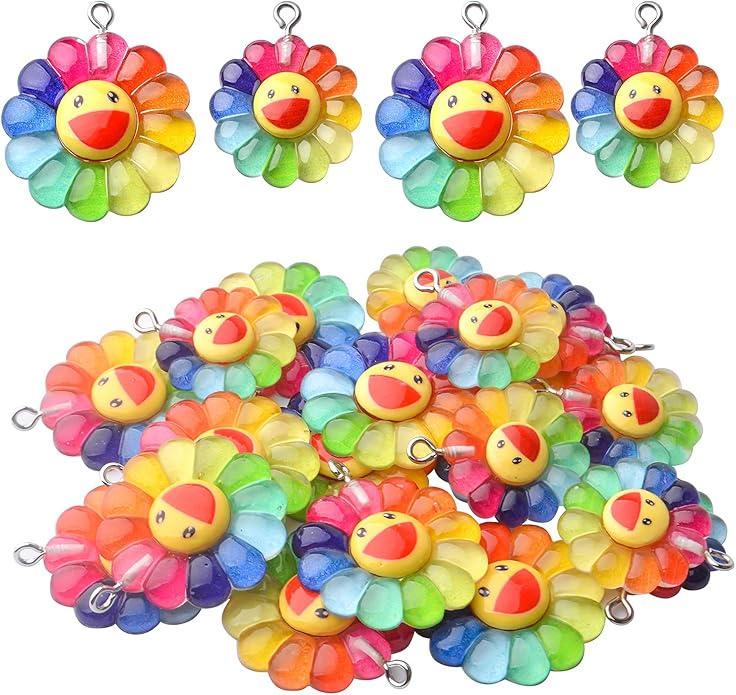 Aylifu Sunflower Charm Pendants,20pcs Resin Rainbow Flower Charms Face Charm Sunflower Cabochons Epoxy Charms for DIY Jewelry Necklace Crafts Making,2 Sizes