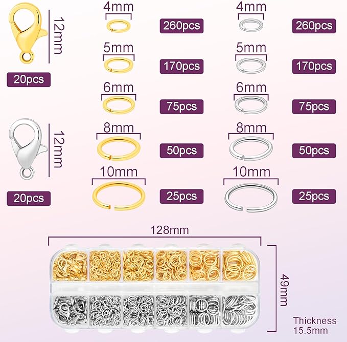 1200pcs Jump Rings for Jewelry Making Supplies, Necklace Repair Assorted Kit, 12mm Lobster Clasp 5 Size Jump Ring for Jewelry Clasps and Closures (Silver and Gold)