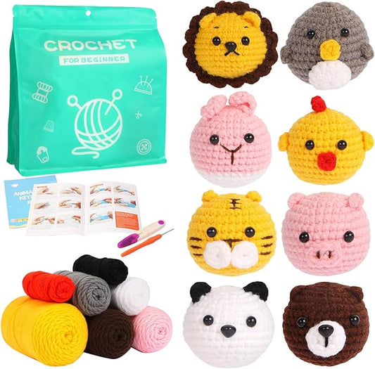 GOZATO Crochet Kit for Beginners, Crochet Animal Kit with Step-by-Step Video Tutorials, Easy Beginner Crochet Kit for Adults, Women & Men, Handmade DIY Gift Complete Kit Included (8Pack)