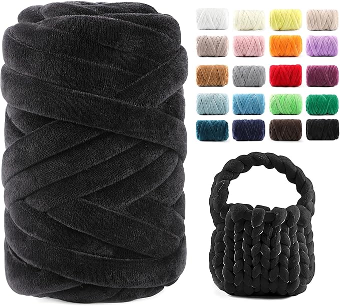 Chunky Yarn for Hand Knitting & Arm Knitting - 0.66lb Super Bulky Velvet Chenille Tube Yarn for DIY Pillows, Pet Beds, Baskets & Home Decor | No Tools Needed, Machine Washable, Black, 1 Pack