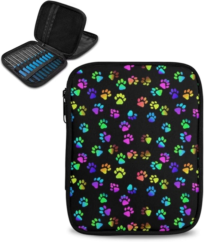 Hechitok Rainbow Dog Paws Crochet Hook Case Without Hooks and Accessories Zipper Storage Organizer Bag with Web Pockets for Various Crochet Needles Accessories Crochet Hook Kit Tools