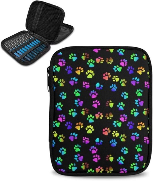 Hechitok Rainbow Dog Paws Crochet Hook Case Without Hooks and Accessories Zipper Storage Organizer Bag with Web Pockets for Various Crochet Needles Accessories Crochet Hook Kit Tools