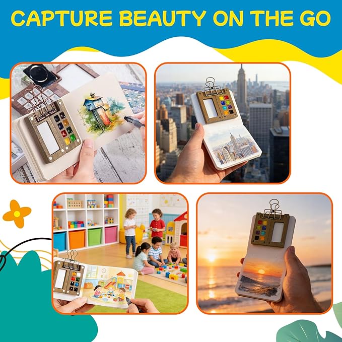 Mini Set, Mini Travel Kit with Wood Palette, Brush & Sketchbook - Portable Art Kit for Artists & Students