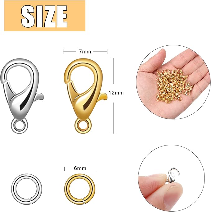 400PCS Jewelry Clasps with Open Jump Rings, Lobster Claw Clasps Silver & Gold Bracelet Necklace Clasps for DIY Jewelry Making, 12mmX7mm