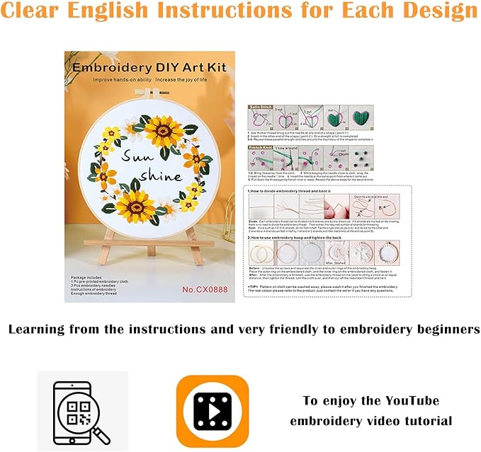 Vigdit 4 Pack Embroidery Kit for Beginners, Needlepoint Cross Stitch Kit for Adult Beginner, Easy DIY Hand Embroidery Starter Kit with Stamped Floral Pattern Embroidery Hoop Tools and Instruction