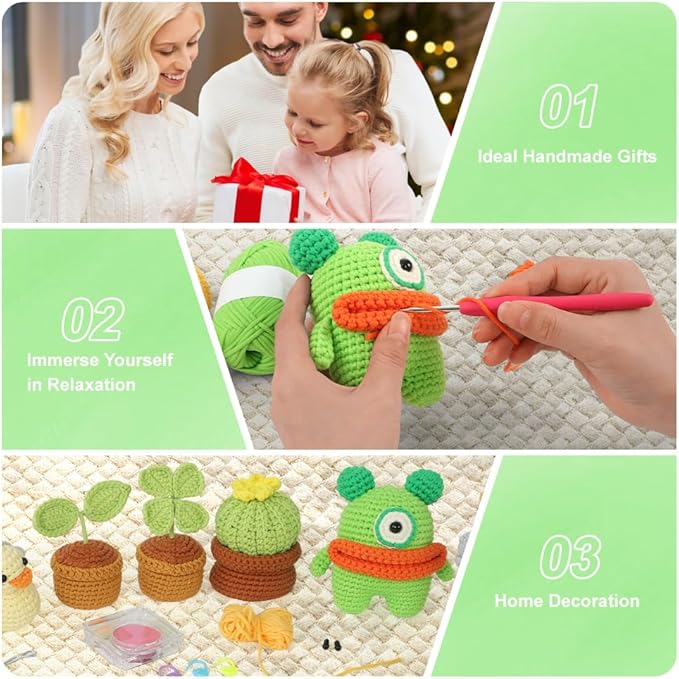 Autglint Monster Crochet Kit for Complete Beginners, Amigurumi Animal Starter Kit with Detailed Video Tutorials, Learn to Crochet Kit with Non-Split Pre-Started Yarn - Green Monster