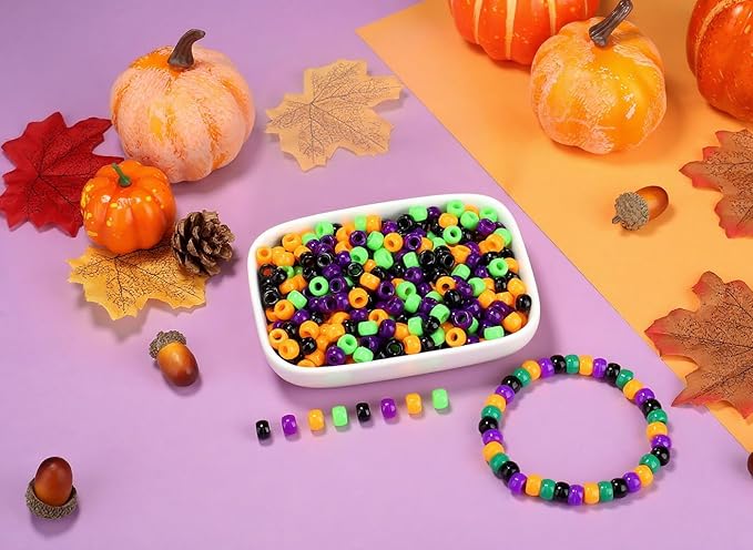 Halloween Pony Beads 1000 Pcs, Plastic Beads for Bracelets Jewelry Bracelets Making, Hair Bead for Braids for Craft, Halloween Gifts for Friend(Black, Purple, Orange, Green)