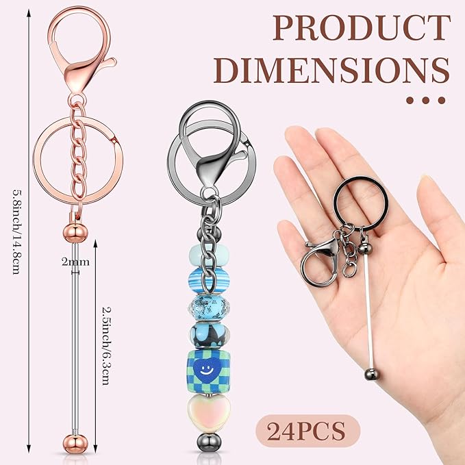 Tondiamo 24 Pcs Beadable Keychain Bars Bulk Beads for Keychain Making Kit Gifts for Women Men DIY Crafts(Classic Color)
