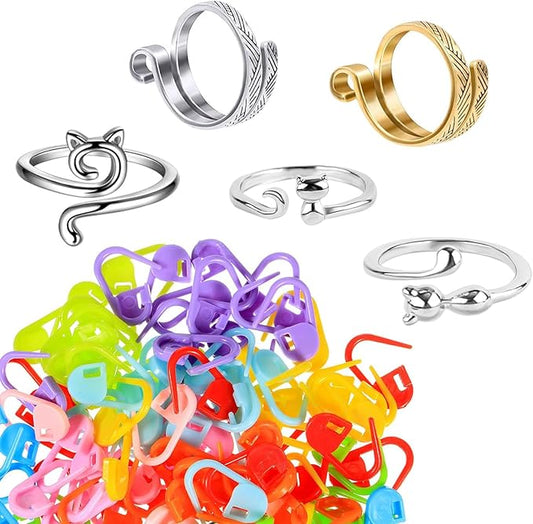 Ubuymart Crochet Ring 5 Pack Knitting Crochet Ring for Finger, with 50pcs(Color Ship Randomly) Knitting Crochet Locking Stitch Markers, Adjustable Crochet Stuff Ring Crochet Accessories- Multicolor