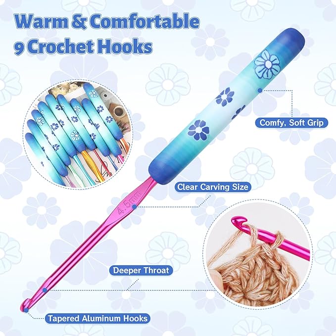 Coopay Warm Crochet Hooks Comfort Grip, Green Daisy Art Handle for Beginners, Longer Aluminum Shaft Crochet Hook Set 2.0mm-6.0mm(B-J), Smooth Needles Set for Crocheting