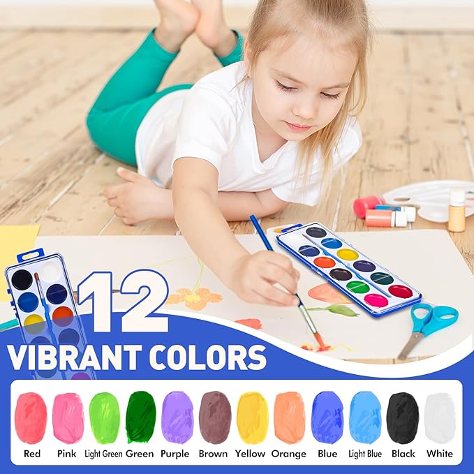 6 pack watercolor paint set for kids, 12 colors watercolors paints with paint brush, kids watercolor paint set for party favor, classroom.