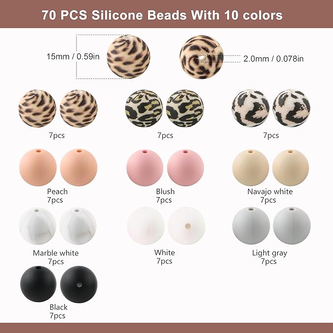 70Pcs Print Silicone Beads for Keychain Making,Round 15mm Silicone Beads for Pens, Necklace and Bracelets Making（Classic Leopard）