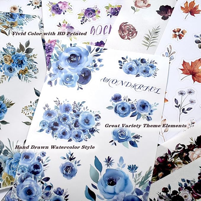 Vintage Watercolor Flower Stickers, Precut Journal Sticker Book for Junk Journaling, Assorted Materials PET Washi Paper Stickers for Scrapbooking Supplies, Planners, Collage, 20 Sheets, A5