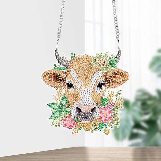 AiYuanzsh DIY 5D Cow Diamond Painting Hanging Sign, Special Shaped Crystal Rhinestone Wall Art Ornament for Door, Home and Garden Decoration, Diamond Art Window Suncatchers Pendant