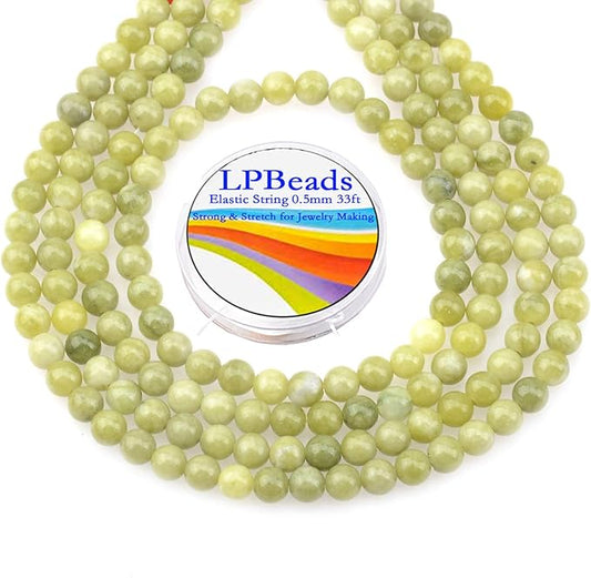 LPBeads 200Pcs Polished 6mm Round Natural Green Jade Gemstone Loose Beads with Stretch Cord for Jewelry Making Bracelets
