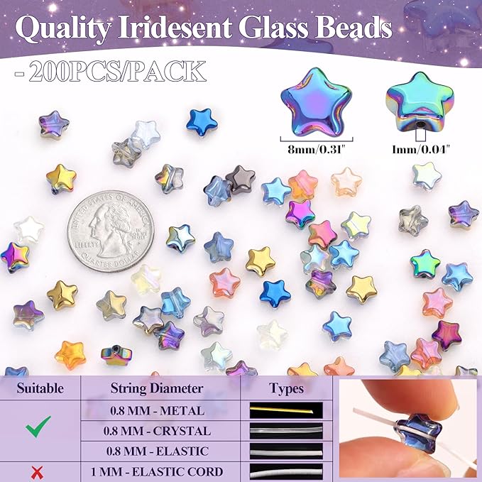 200PCS 8MM Glass Star Beads Bedazzling Irisedent Glass Beads,Crystal Star Beads, Eletroplated Mixed Colors Cute Bead for Necklace Bracelet Earring Jewelry Making, Spacer Beads Bulk for Crafting & DIY
