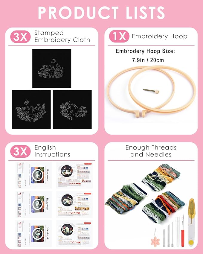 TINDTOP 3 Sets Embroidery Kit for Adults, Frog Embroidery Practice Kit for Beginners Include Embroidery Cloth Hoops Threads for Craft Lover Hand Stitch with Embroidery Skill Techniques