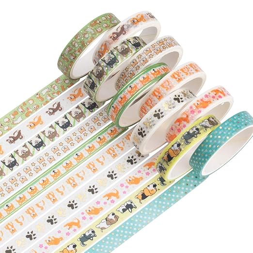 YUBBAEX 10 Rolls Sparkling Washi Tape Set 8mm Skinny Gold Foil Decorative Masking Washi Tapes for Journal,Scrapbook, Planner, DIY Crafts (Cartoon Doggy)