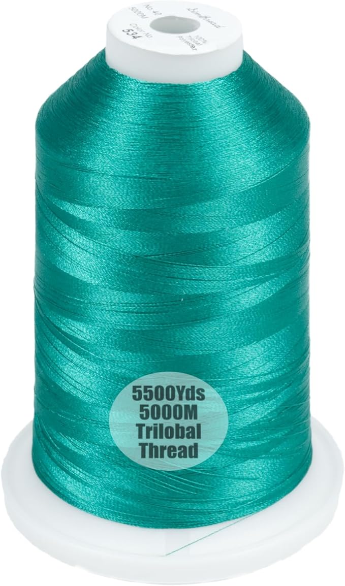 Simthread Trilobal Polyester Thread – 5000M (5500yds) No.40 – Super Sheen, Tangle-Free – Built-in Thread Lock Spool – Compatible with Brother, Singer, Janome & More, Teal Green-534
