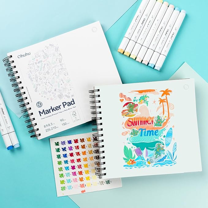 Ohuhu Double-Sided Marker Pad Art Sketchbook Bleedproof - 8.3"x8.3" Square Paper Size - 90 lb/150 GSM Smooth Drawing Paper - 60 Sheets/120 Pages, Spiral Bound Sketching Book for Alcohol Markers