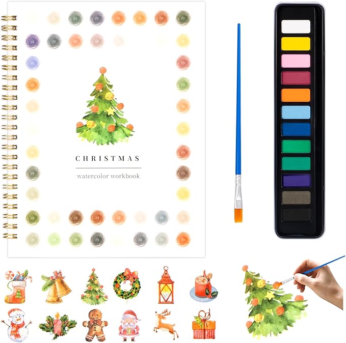 Metyond Christmas Watercolor Workbook - Watercolor Coloring Book with 1 Workbook 12 Colors Paint Set with Brush, Beginner Friendly Watercolor Workbooks Set Gift for Adults Teens (Christmas)