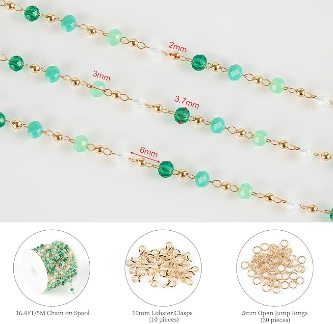 KYUNHOO 16.4 Feet Mixed Color Beads Jewelry Chains Link Gold Plated Brass Chain Spool Colorful Rosary Beading Fun Necklace Chains Bulk Jewelry Making Supplies Findings