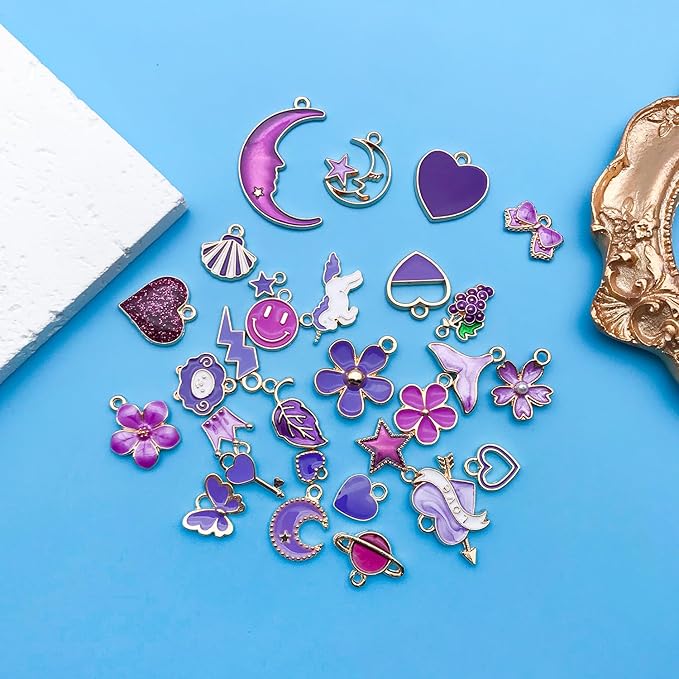 Youdiyla 60pcs Alloy enamel purple series fixed set Pendant Jewelry Making DIY Keychain Earrings Pendant Various Design Charms for Jewelry Making Bracelets Necklace (HK555)